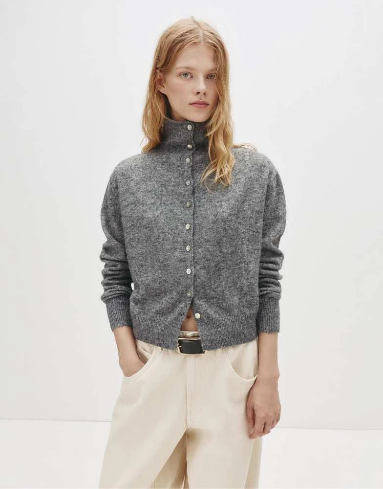 Pull&Bear Pull&Bear High neck buttoned cardigan in grey marl 1