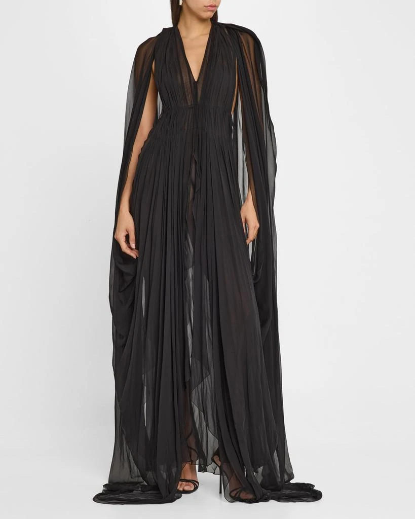 Alberta Ferretti Organic Chiffon Cape-Sleeve Backless Gown 4