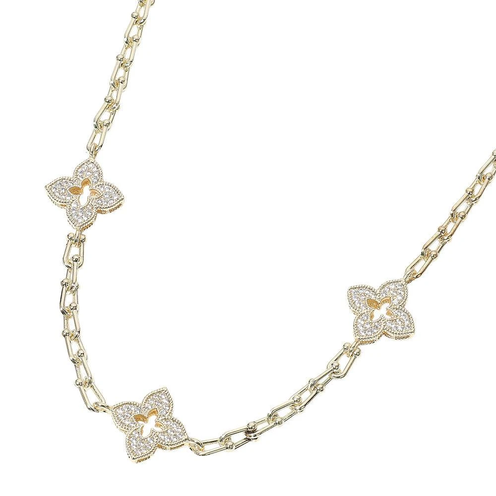 FASHNZFAB 14K Gold Plated CZ Stone Paved Clover Station Necklace 2