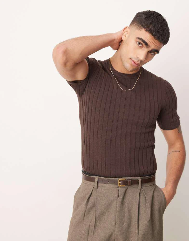 ASOS ASOS DESIGN muscle fit lightweight knitted rib t-shirt in brown 1
