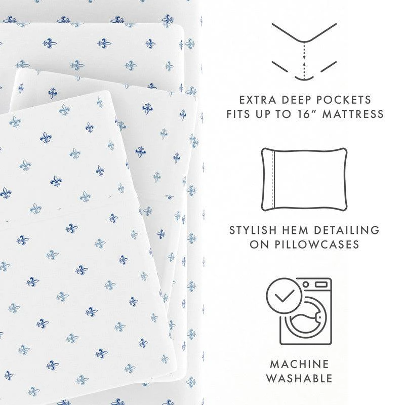 IENJOY HOME Lily Navy Pattern Sheet Set Ultra Soft Microfiber Bedding, Queen 5