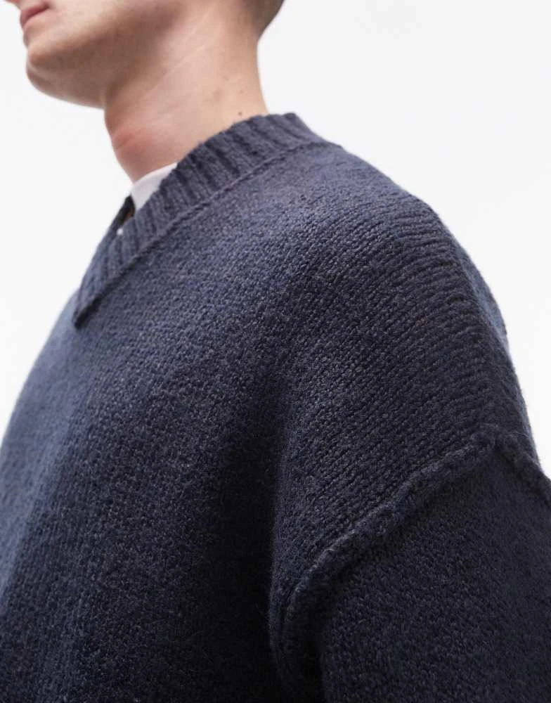 Topman Topman oversized v neck jumper in blue with exposed seam 3