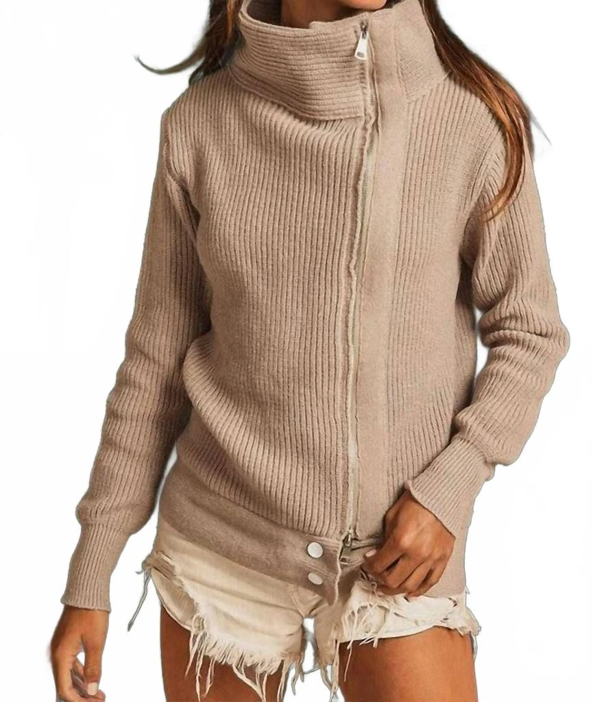 BiBi Front Zip Up High Neck Sweater Jacket In Mocha Latte