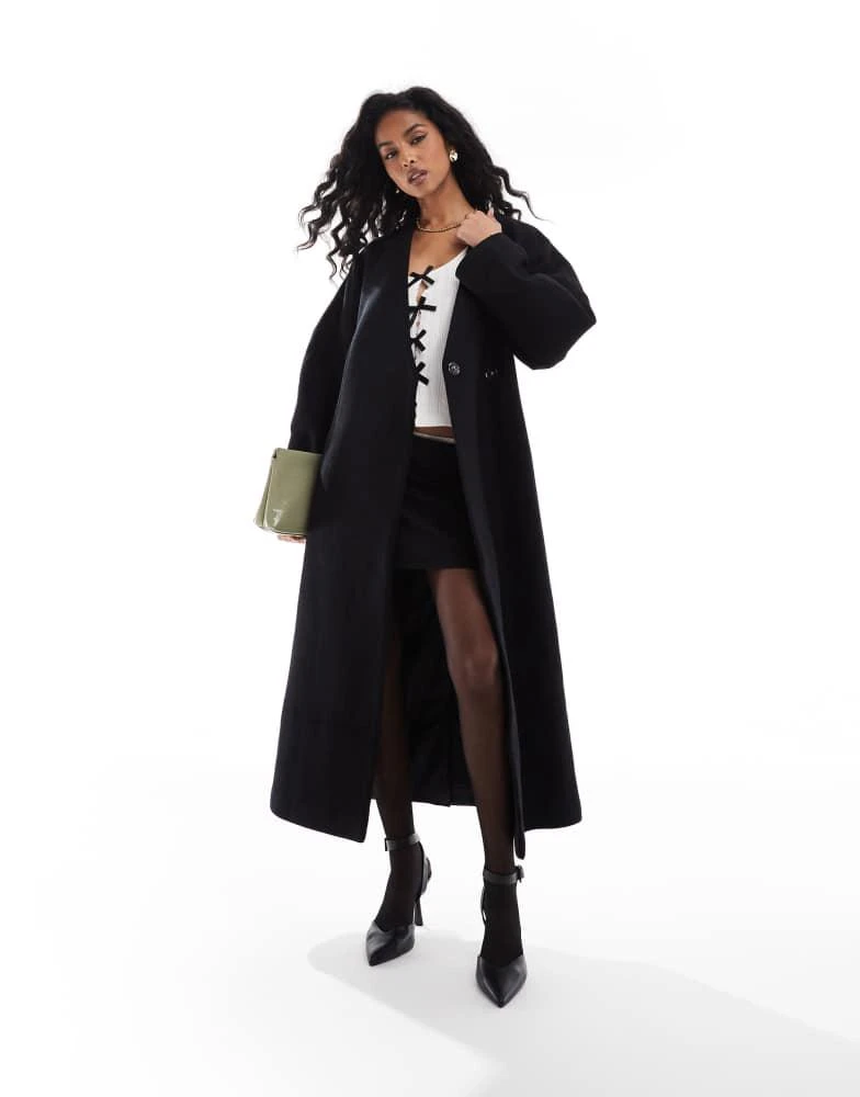 ASOS ASOS DESIGN collarless nipped waisted wool coat in black 1