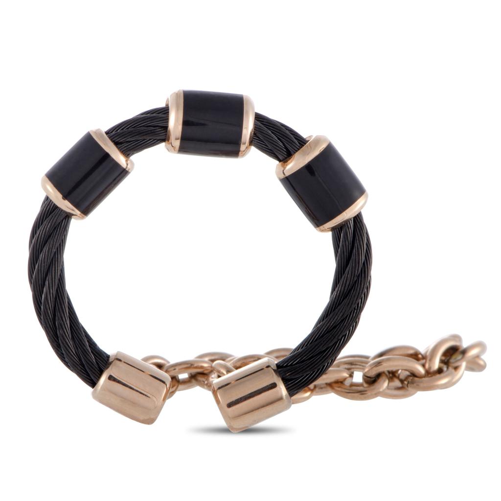 Charriol St. Tropez Stainless Steel Pink and Black PVD Black Enamel Cable and Chain Band Ring