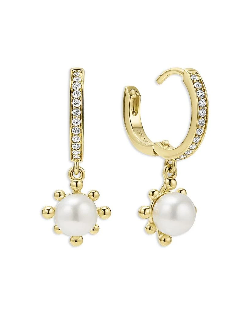 LAGOS 18K Yellow Gold Luna Cultured Pearl Fleur Charm Diamond Hoop Earrings 3