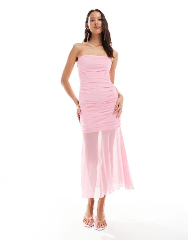 Shop Miss Selfridge bandeau ruched drop waist summer midi dress in pink on  Sale at BeyondStyle  Get 10% Off Miss Selfridge bandeau ruched drop waist  summer midi dress in pink with