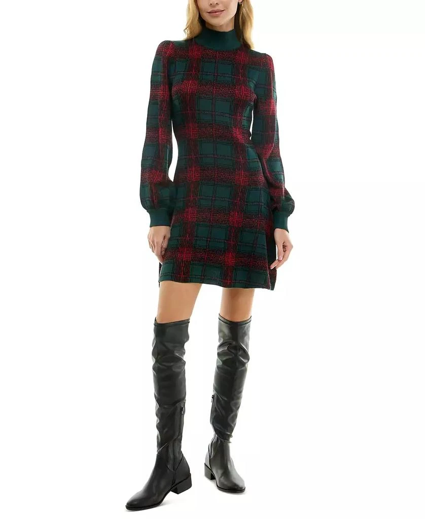 Crystal Doll Juniors' Plaid Turtleneck Blouson-Sleeve Sweater Dress 2