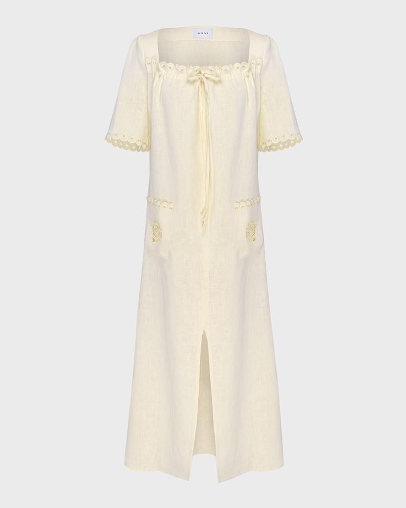 Sleeper Sofia Scalloped Embroidered Linen Midi Dress