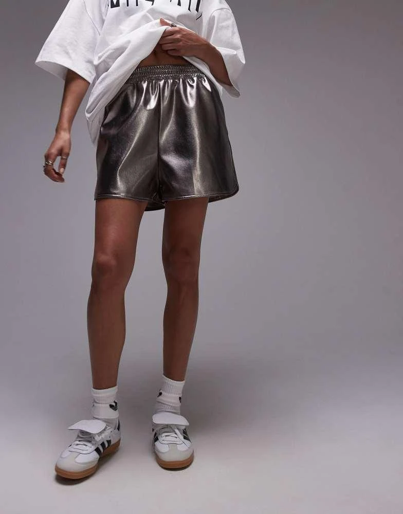 Topshop Topshop faux leather runner short in gunmetal 1