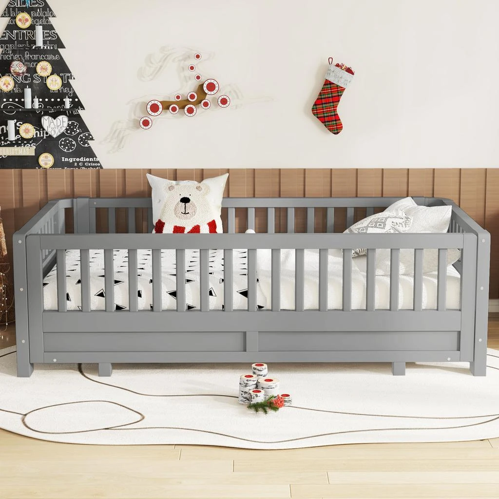 Streamdale Furniture Streamdale Twin Size Platform Bed with Guardrails, Solid Wood, Grey 5