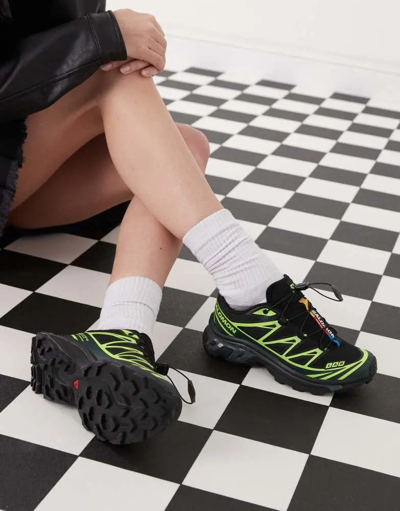 Shop Salomon XT-6 trainers in black and neon green on Sale  display picture 1