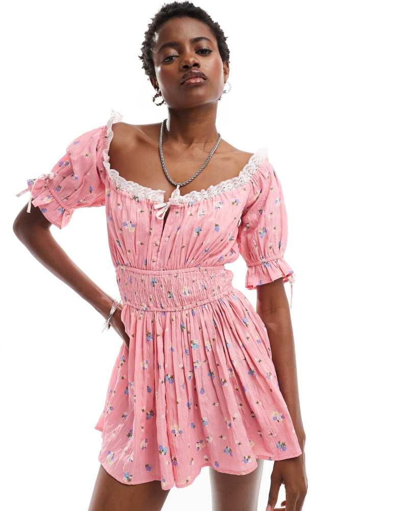 Daisy Street Daisy Street vintage style tie detail smock playsuit in pink ditsy