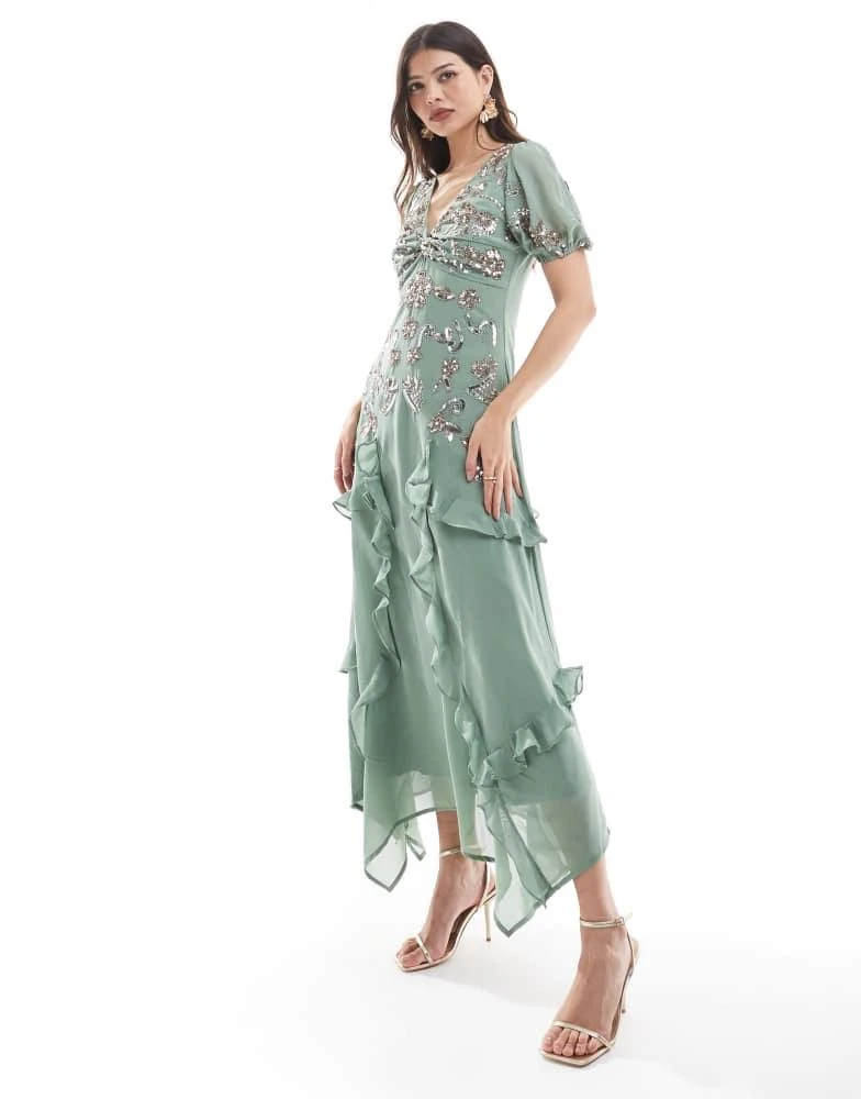 Maya Maya Embellished twist bodice asymmetric hem midi dress in dark sage 1