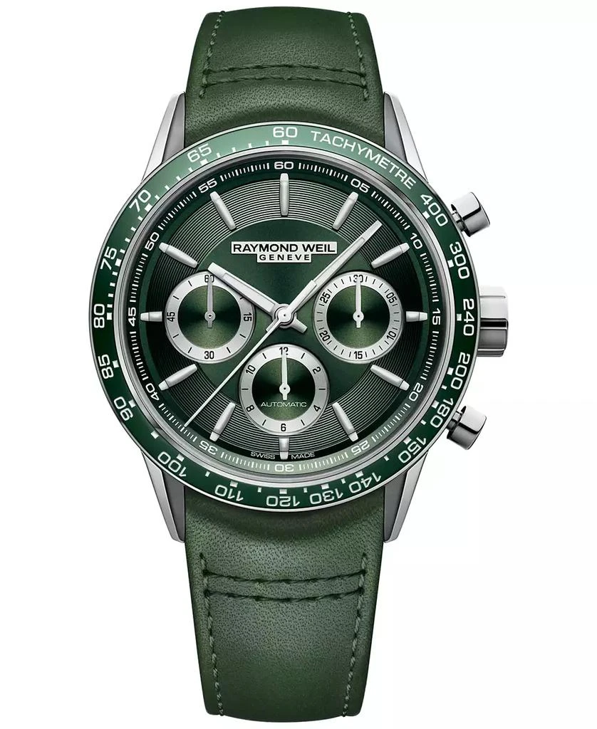 Raymond Weil Men
s Swiss Automatic Chronograph Freelancer Green Leather Strap Watch 43.5mm 1