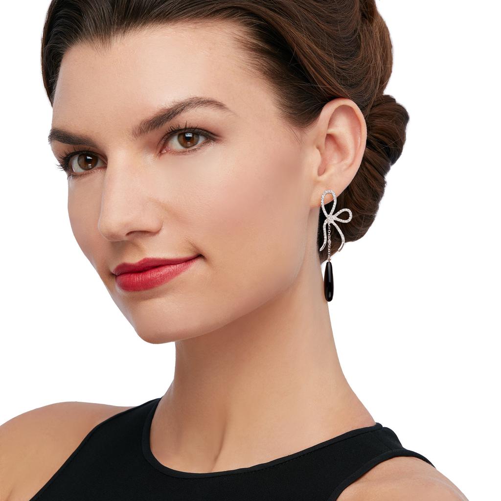 Ross-Simons Ross-Simons Black Onyx and CZ Bow Drop Earrings in Sterling Silver