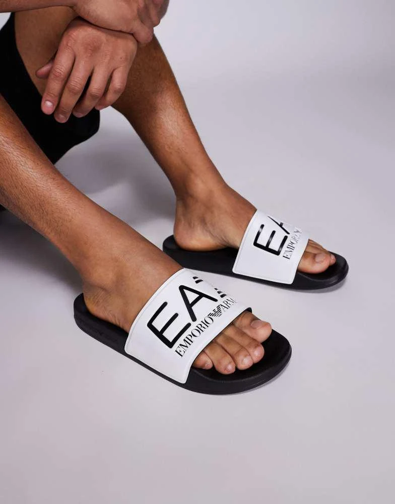 EA7 Armani EA7 logo beach slides in white and black