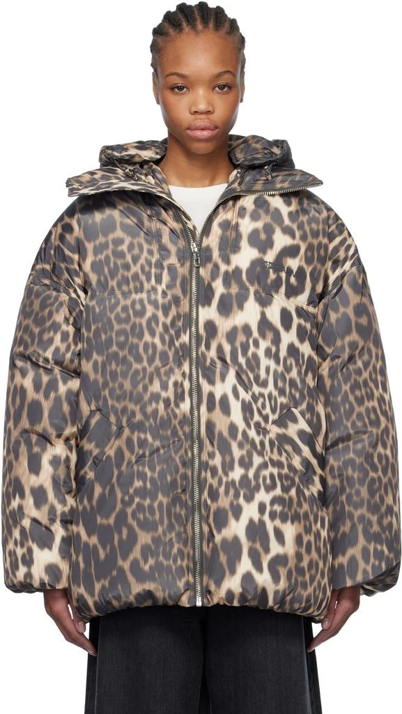 Ganni Beige & Brown Leopard Midi Down Jacket 1