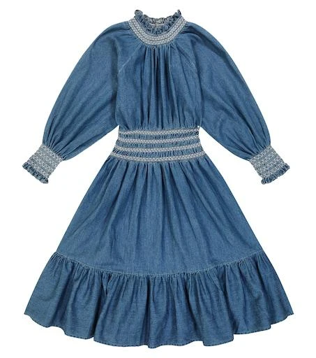 shirred denim dress Women's Murren Shirred Midi Dress Washed Blue Denim | Extra Large