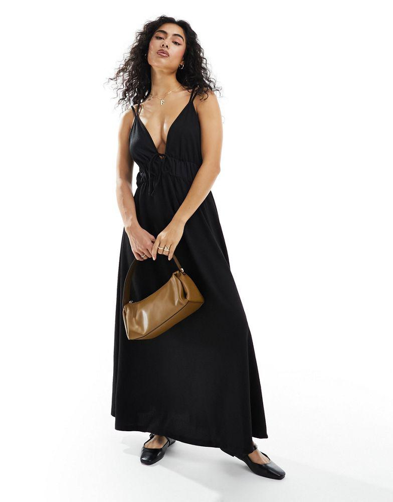 Y.A.S. Y.A.S  textured double strap tie front cami maxi dress in black