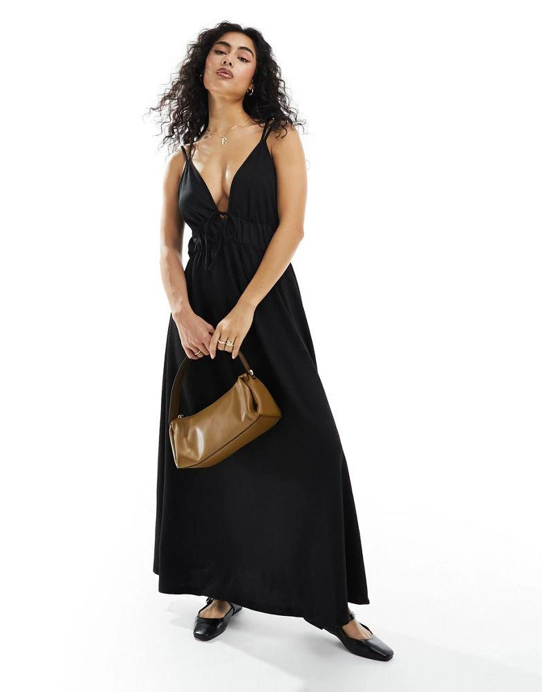 Y.A.S. Y.A.S  textured double strap tie front cami maxi dress in black 1