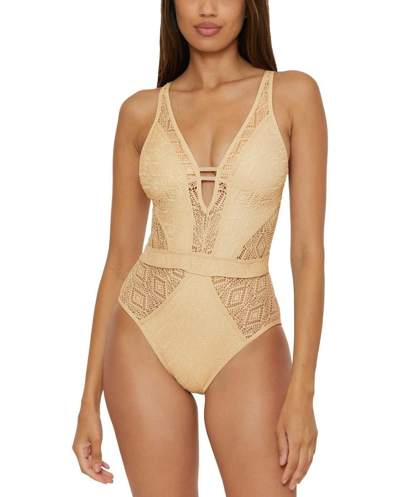 Becca BECCA Polished Crochet Plunge One Piece Women Gold Stretch Swimsuits RED57 from Premium Outlets