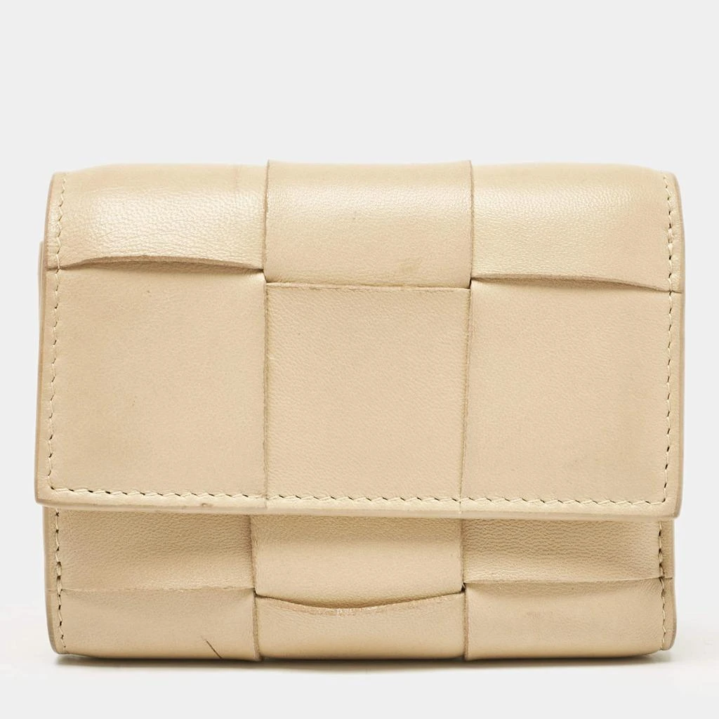 Bottega Veneta Bottega Veneta Beige Leather Intrecciato Cassette Zip Trifold Wallet 1