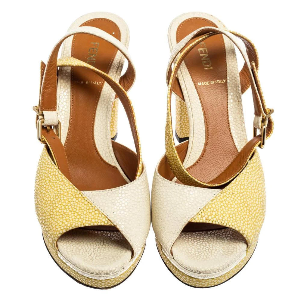 Fendi Fendi White/Yellow Stingray Embossed Leather Ankle Strap Platform Sandals Size 38.5 3