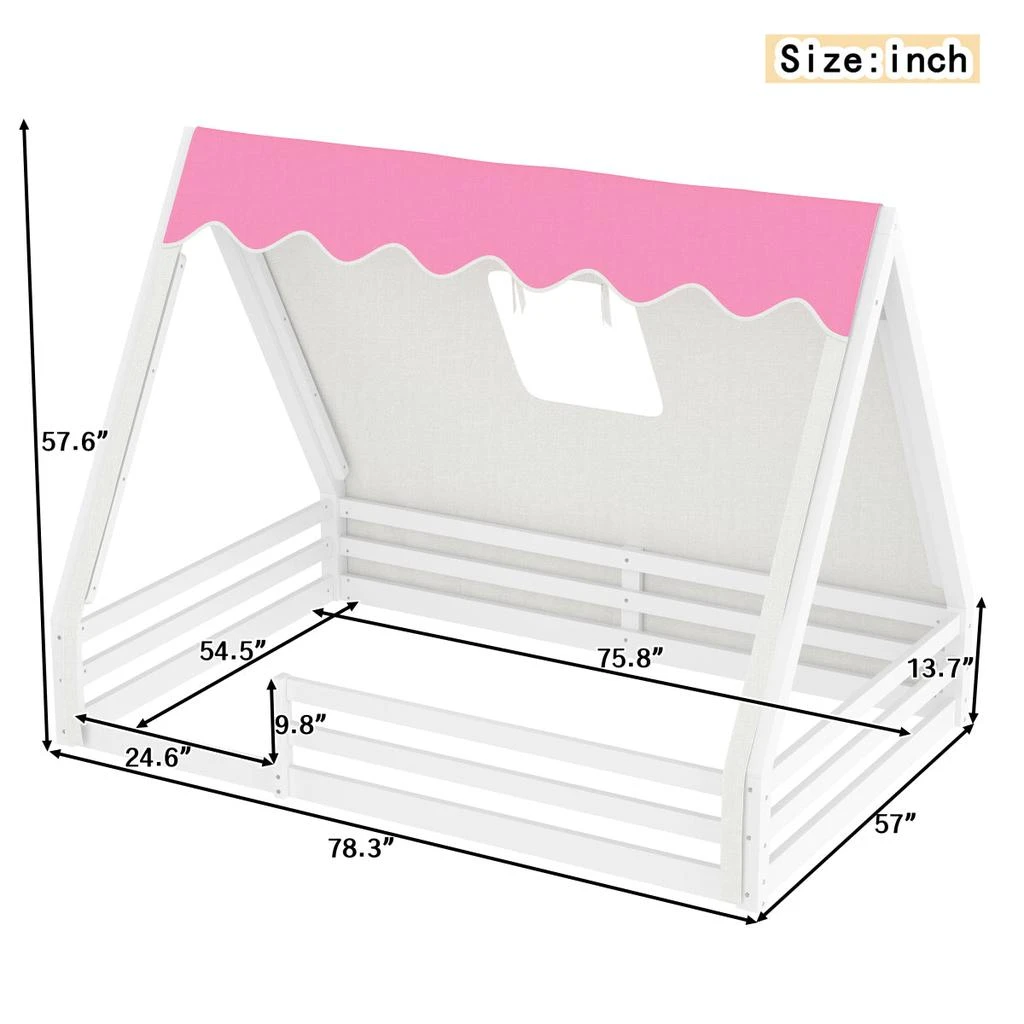 Streamdale Furniture Streamdale Full Size House Floor Bed with Tent and Light, Solid Wood Teepee Design, White+Pink 4