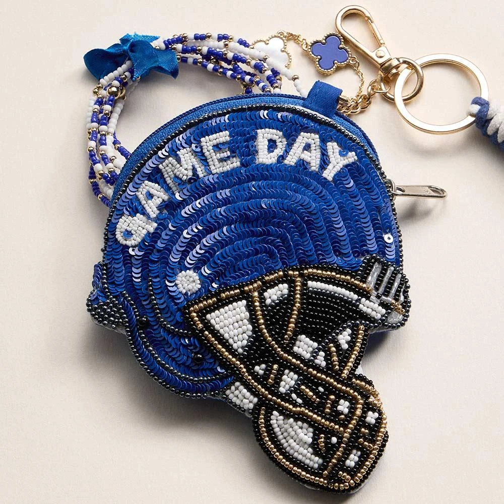 FASHNZFAB KENTUCKY GAME DAY Football Helmet Sequin Seed Beaded Knot Keychain Mini Pouch Bag