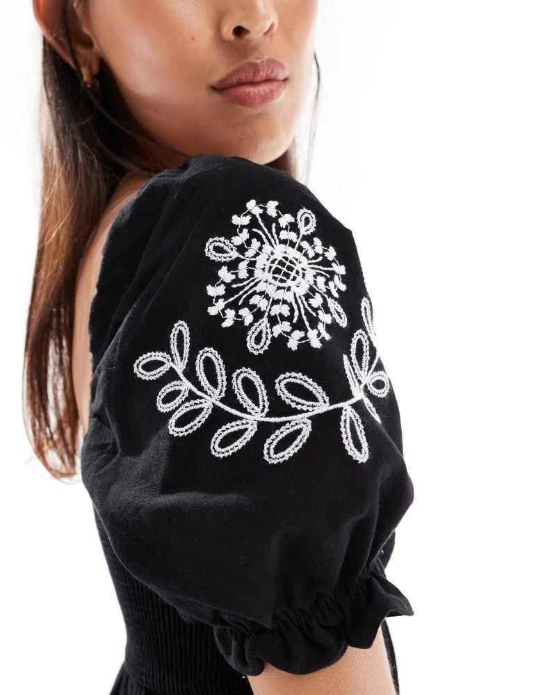 Shop Miss Selfridge embroidered puff sleeve mini dress in black with white  embroidery on Sale at BeyondStyle – Get 30% Off Miss Selfridge embroidered  puff sleeve mini dress in black with white