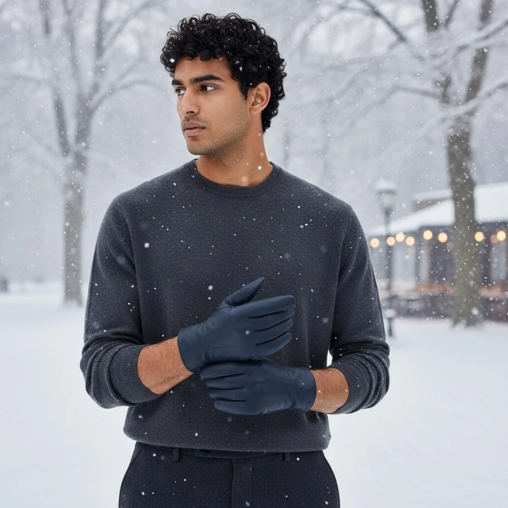 Infinity Leather Men’s Navy Blue Italian Leather Warm Wool Lining Winter Riding Driving Casual Gloves 1