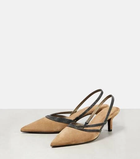 Brunello Cucinelli City embellished suede slingback pumps 5