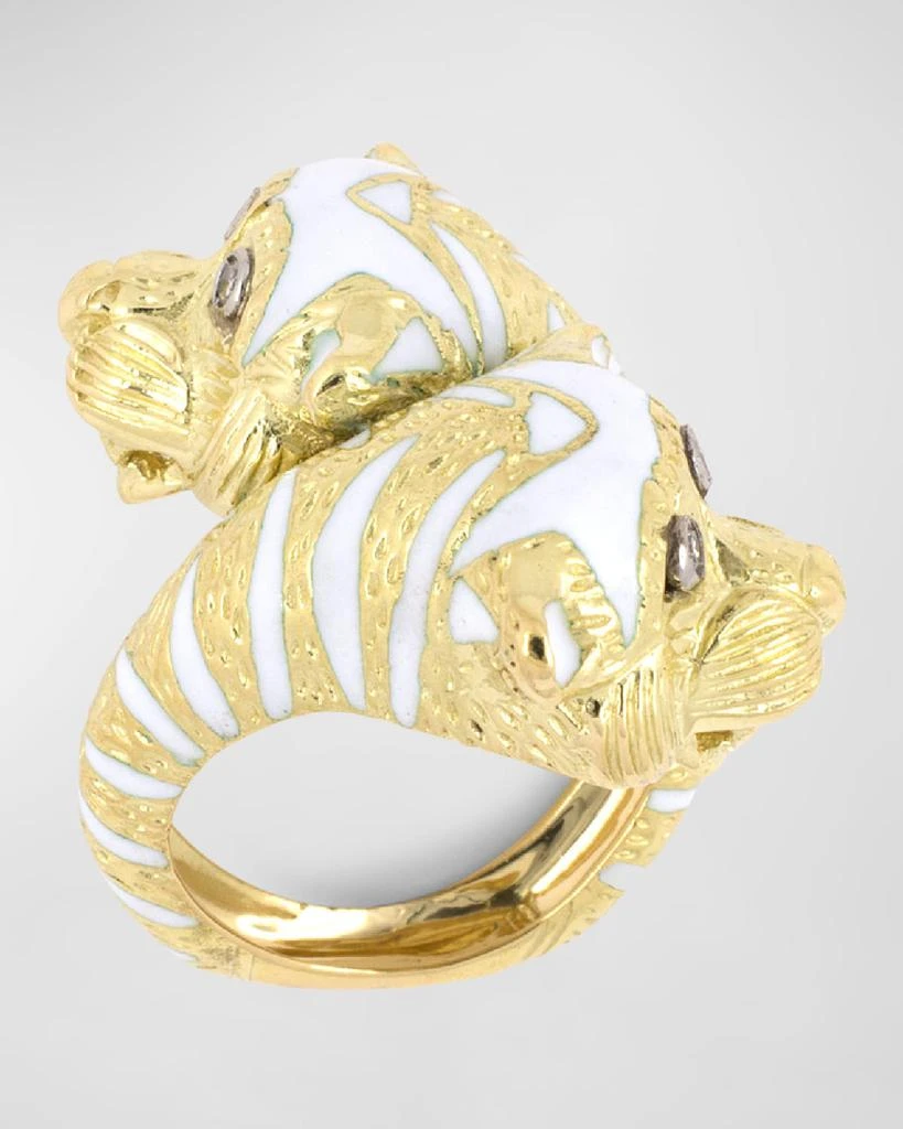 NM Estate Estate 18K Yellow Gold Twin Tiger's Head Twist Ring with Diamonds and Enamel, Size 6 4