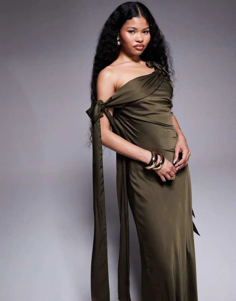 TFNC Petite fallen shoulder maxi dress with tie details in olive satin  On  Sale Now with Up to 26% Off | Discover Exclusive Deals & Savings at  BeyondStyle  Authentic TFNC