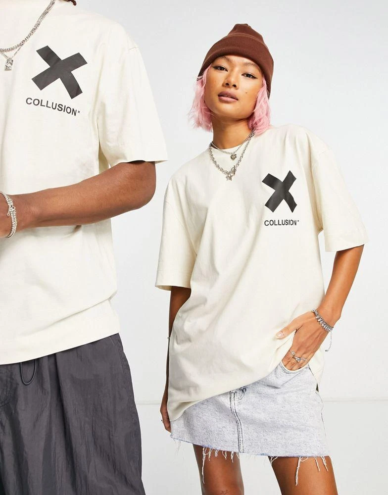 COLLUSION COLLUSION Unisex logo cotton t-shirt in off-white 1