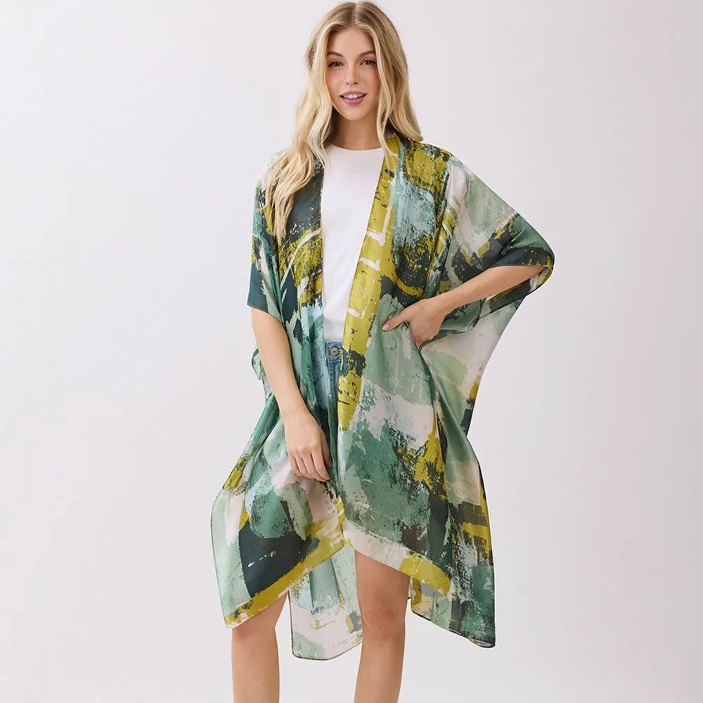 TRUEDAMES Abstract Modern Art Inspired Print Silky Feel Kimono Poncho