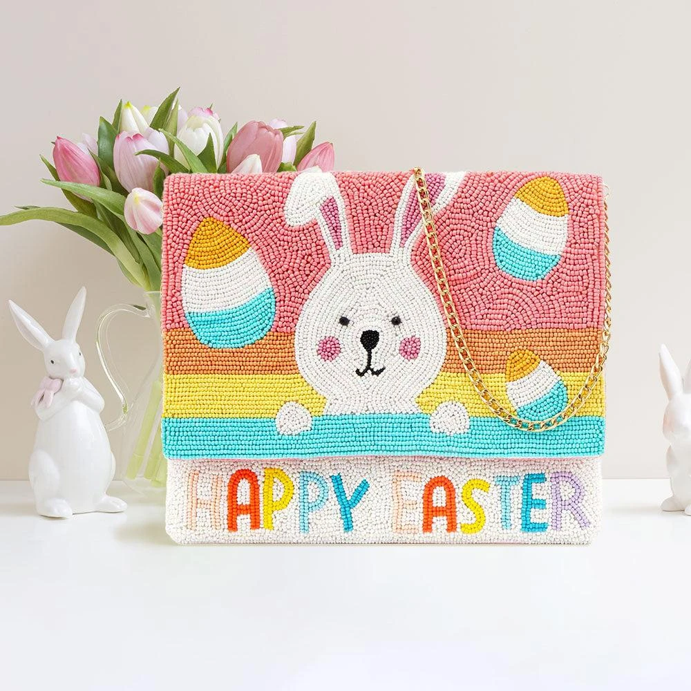 FASHNZFAB HAPPY EASTER Message Seed Beaded Easter Bunny Clutch / Crossbody Bag