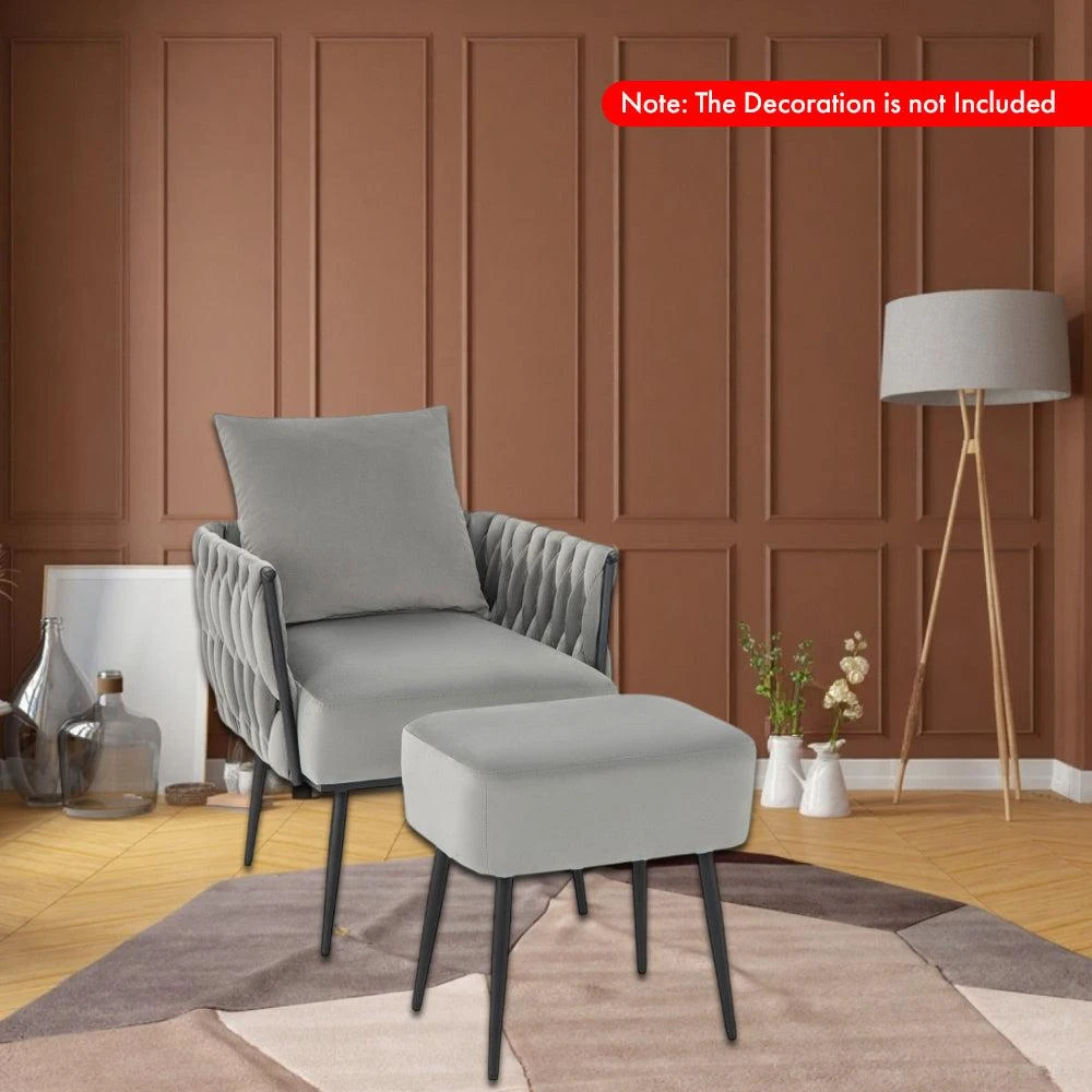 Hivvago Velvet Accent Chair and Ottoman Set with Woven Backrest and Arm Design 2