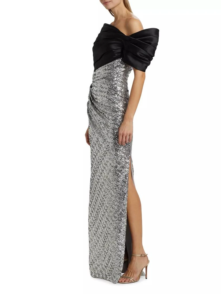 Pamella Roland Satin Sequined One-Shoulder Column Gown 4
