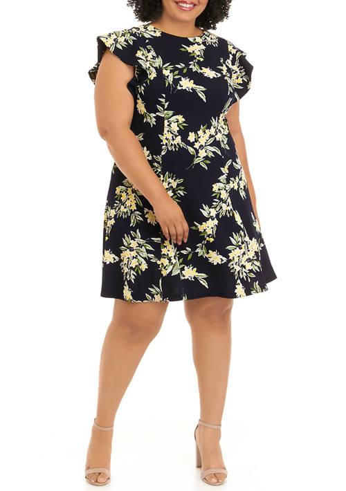 Jessica Howard Howard Plus Size Short Flutter Sleeve Floral Scuba Fit And Flare Dress