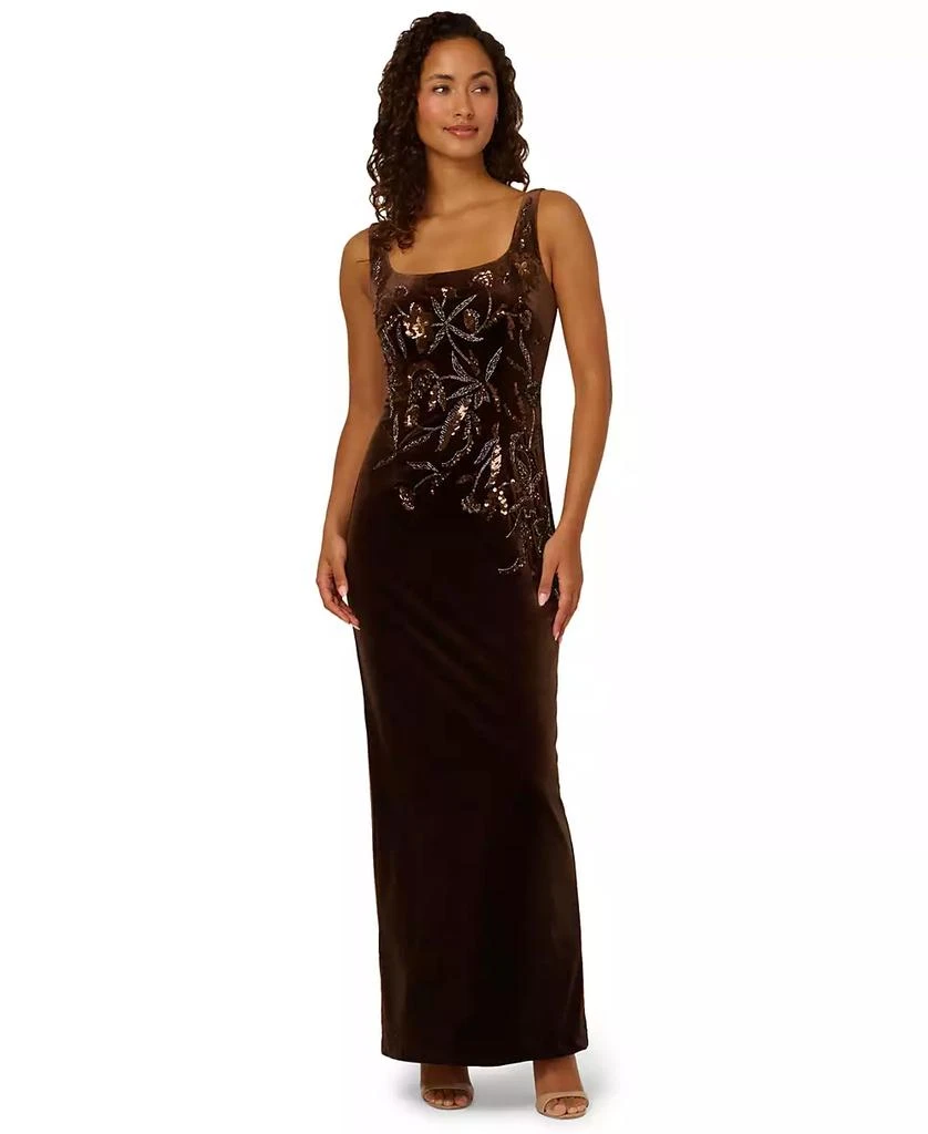 Adrianna Papell Women's Velvet Beaded Long Dress - Espresso - Size 10 Adrianna Papell Women's Velvet Beaded Long Dress - Espresso - Size 10