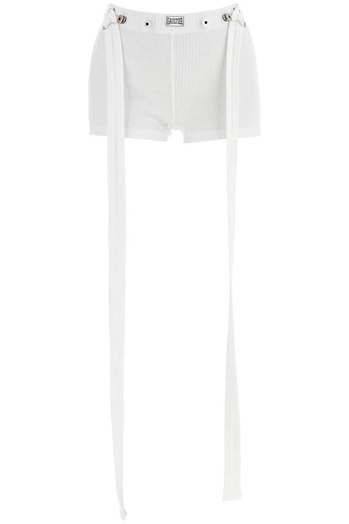Jean Paul Gaultier white cotton shorts with logo patch, ribbed fabric, above the knee 1