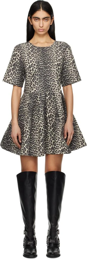 Ganni Beige & Gray Leopard Cotton Tweed Minidress