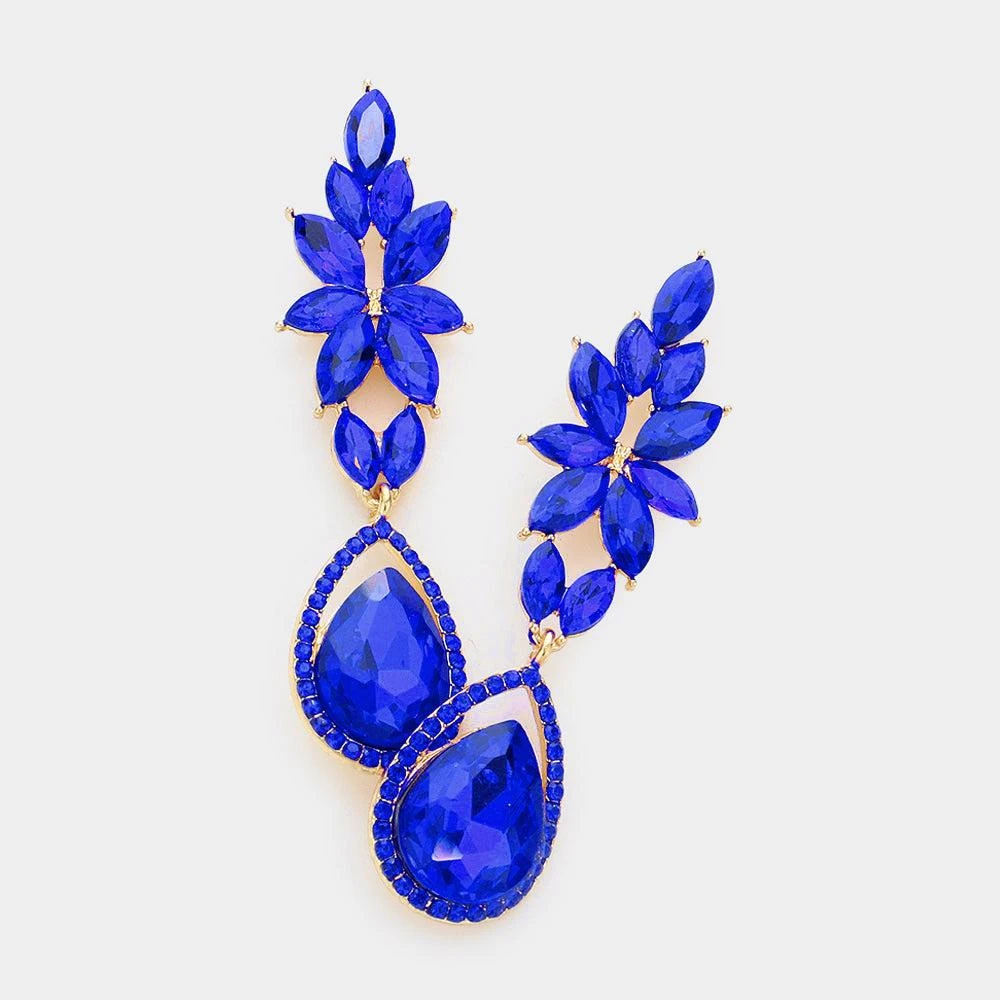FASHNZFAB Marquise Teardrop Stone Cluster Evening Earrings - Gold, Sapphire