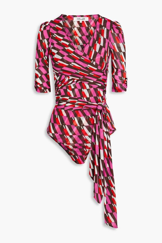 Diane von Furstenberg Abbie wrap-effect printed mesh bodysuit 1
