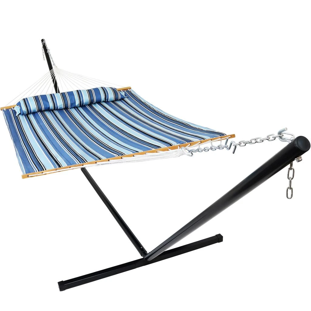 Sunnydaze 2-Person Quilted Fabric Spreader Bar Hammock with Detachable Pillow and Stand - 400 lb Weight Capacity/15' Stand 8