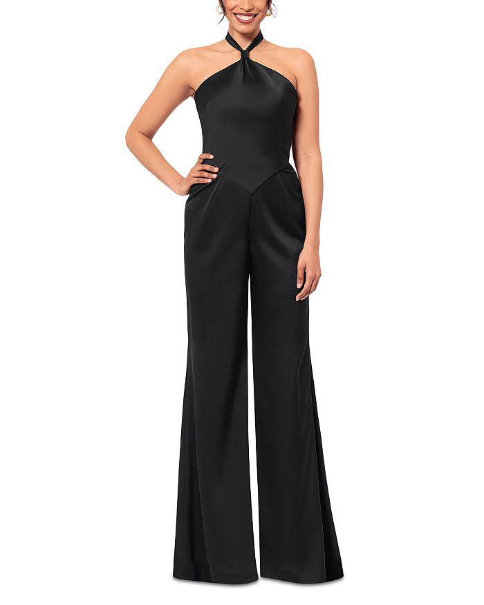 AQUA Halter Wide Leg Satin Jumpsuit - Exclusive