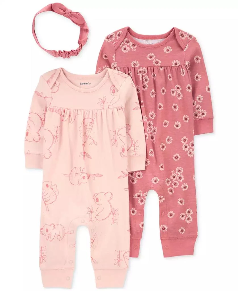 Carter's Baby Girls Pink Floral 3-Piece Jumpsuit and Headband Set 1