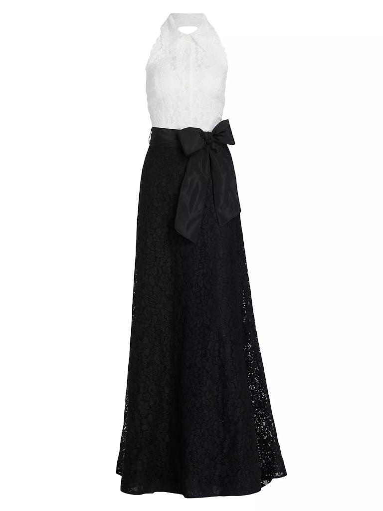 Teri Jon by Rickie Freeman Collared Colorblocked Lace Gown